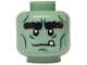 Part No: 3626pb3917  Name: Minifigure, Head Alien Monster with Black Bushy Eyebrows, Dark Green Cheek Lines, Wrinkles, Chin Dimple, White Tooth, Neutral Pattern