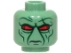 Part No: 3626pb3939  Name: Minifigure, Head Alien with Red and Dark Red Eyes, Dark Green Wrinkles, Cheek Lines and Chin Dimple, Frown Pattern
