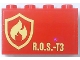 Part No: 14718pb075  Name: Panel 1 x 4 x 2 with Side Supports - Hollow Studs with Bright Light Yellow Fire Logo Badge and 'R.O.S.-T3' Pattern (Sticker) - Set 60216