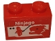 Part No: 3004pb223  Name: Brick 1 x 2 with White 'Ninjago', Red Ninja Minifigure Silhouette with Black Sword, Dragon Head Pattern (Sticker) - Sets 40145 / 40305 / 40359
