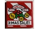 Part No: 3068pb1899  Name: Tile 2 x 2 with 'DUNCAN'S TOY CHEST', Holly Leaves, Berries and 'X-MAS SALE!' Pattern (Sticker) - Set 21330