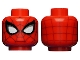 Part No: 3626pb2712  Name: Minifigure, Head Alien with Spider-Man Dark Red Webbing, Large White Eyes with Silver Edges and Black Borders Pattern