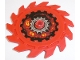 Part No: 61403pb06  Name: Technic Circular Saw Blade 9 x 9 with Pin Hole and Teeth in Same Direction with Silver Gear, Rivets and Lava Energy Pattern (Sticker) - Set 70323
