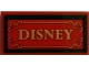 Part No: 87079pb0949  Name: Tile 2 x 4 with Gold 'DISNEY' with Dark Green Border on Red Background Pattern (Sticker) - Set 71044