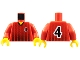 Part No: 973pb0169c01  Name: Torso Soccer Black Fading Stripes and Number 4 Front and Back Pattern / Red Arms / Yellow Hands
