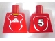 Lot ID: 429089896  Part No: 973pb0555  Name: Torso Soccer Uniform Red Shirt with White Adidas Logo, Curved Lines and Number 5 on Back, Yellow Neck Pattern (Stickers)