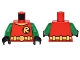 Part No: 973pb2292c01  Name: Torso Batman 'R' Symbol, V Neck with Yellow Belt with Round Buckle Pattern / Green Arms / Black Hands