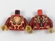 Part No: 973pb2977c01  Name: Torso Nexo Knights Female Armor, Orange and Gold Circuitry, Dragon Head on Orange Hexagonal Shield Pattern / Dark Red Arms / Pearl Gold Hands