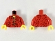 Part No: 973pb3457c01  Name: Torso Tang Jacket with Gold Hem and Ties, Dark Brown Flowers Pattern / Red Arms / Yellow Hands