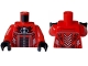 Part No: 973pb5374c01  Name: Torso Racing Suit with Dark Red Panel with Black Blocks, White Checkered, Hourglass on Pointed Collar Pattern / Red Arms / Black Hands