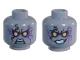 Part No: 3626pb1844  Name: Minifigure, Head Dual Sided Alien with Yellow Eyes, Dark Purple Rock Effect, Blue Lips, Teeth, Open Mouth Angry / Evil Grin Pattern