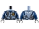 Part No: 973pb3010c01  Name: Torso Female Police Flak Vest Closed with Silver Zipper and Gold Badge over Dark Blue Shirt, Radio, Canteen, White 'POLICE' on Back Pattern / Dark Blue Arms / Dark Bluish Gray Hands