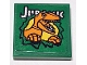 Part No: 3068pb1490  Name: Tile 2 x 2 with 'Jurassic' and Velociraptor Breaking Through Wall on Green Background Pattern (Sticker) - Set 75934