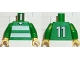 Lot ID: 300370482  Part No: 973pb0371c01  Name: Torso Soccer Uniform Shirt with White Horizontal Stripes, Neck, and Number 11 on Back Pattern / Green Arms / Yellow Hands