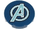 Part No: 14769pb784 Name: Tile, Round 2 x 2 with Bottom Stud Holder with Metallic Light Blue and White Avengers Logo Pattern Part No: 14769pb784 Name: Tile, Round 2 x 2 with Bottom Stud Holder with Metallic Light Blue and White Avengers Logo Pattern