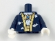 Part No: 973pb2900c01  Name: Torso Batman Robe with Gold Hems and White Bats over White Shirt with Gold Bat Amulet and Sash Pattern / Dark Blue Arms / White Hands