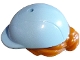 Part No: 2136pb05  Name: Mini Doll, Hair Combo, Hair with Hat, Bun and Side Bangs, Hole on Top with Molded Bright Light Blue Horse Riding Helmet Pattern