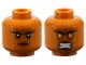 Part No: 3626pb2116  Name: Minifigure, Head Dual Sided Female, Black Eyebrows, Reddish Brown Forehead Tattoo and Lips, Frown / Open Mouth Scowl with Orange Eyes Pattern (Brick)