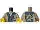 Part No: 973pb5699c01  Name: Torso Robe with Black and Light Bluish Gray Hems over Tan Shirt, Reddish Brown Pocket, Gold Watch, Black Circle with Ninjago Logogram 'T OF S' on Back Pattern / Dark Tan Arms / Yellow Hands