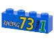 Part No: 3010pb015  Name: Brick 1 x 4 with White 'RACING', Yellow '73', Black 'TEAM', and Green Number 1 Pattern