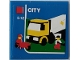 Part No: 3068pb1220  Name: Tile 2 x 2 with Truck, Minifigures, Wheelbarrow, Red Square, White 'CITY', and '5-12' Pattern (Sticker) - Set 60022