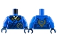 Part No: 973pb5251c01  Name: Torso Ninja Robe with Dark Blue Trim and Gold Buckles over Bright Light Yellow Sash, Ninjago Logogram Letter J in Circle, Dragon Head and Orb on Back Pattern / Blue Arms / Dark Blue Hands