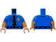 Part No: 973pb6121c01  Name: Torso Police Shirt with Collar, Pocket, Gold Badge, Black Belt with Silver Buckle, Tie with Clip Pattern / Medium Nougat Arms with Molded Blue Short Sleeves Pattern / Medium Nougat Hands