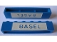 Part No: crssprt02pb75  Name: Brick 1 x 6 without Bottom Tubes with Cross Side Supports with Blue in White 'BASEL' Pattern