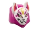 Part No: 105646pb01  Name: Minifigure, Headgear Hood with Molded White Kitsune Fox Mask and Printed Coral and Magenta Auricles, Gold Eyes and Trim, Black Nose and Mouth Pattern