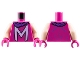 Part No: 973pb5530c01  Name: Torso Super Hero Costume with Muscles Outline and Lavender Capital Letter M, Dark Purple Scarf Pattern / Light Nougat Arms / Magenta Hands