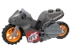 Part No: 75533pb07c01  Name: Stuntz Flywheel Motorcycle Sport Bike Tapered Front with Dark Bluish Gray Frame, Orange Wheels, and Dark Bluish Gray Handlebars with 'RR' in Silver Flames and Red and Blue Flame on Opposite Sides Pattern