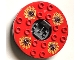 Part No: bb0549c08pb01  Name: Turntable 6 x 6 x 1 1/3 Round Base Serrated with Red Top and Red, White, Yellow and Black Fangpyre Pattern (Ninjago Spinner)