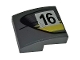 Part No: 15068pb238L  Name: Slope, Curved 2 x 2 x 2/3 with Black Number 16 and Double Yellow Stripes on Dark Bluish Gray Background Pattern Model Left Side (Sticker) - Set 75877