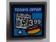 Part No: 15210pb103  Name: Road Sign 2 x 2 Square with Open O Clip with 'TODAYS OFFER', 'THE LEGO NEWS', '399' and Hot Dog Pattern (Sticker) - Set 60200