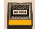 Part No: 3068pb0365  Name: Tile 2 x 2 with Black 'AA 8404' on Grille and Yellow Line Pattern (Sticker) - Set 8404