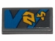 Part No: 3069pb0708L  Name: Tile 1 x 2 with Yellow Markings and Blue Curved and Straight Lines with Black Outline on Dark Bluish Gray Background Pattern Model Left Side (Sticker)