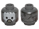 Part No: 3626pb0759  Name: Minifigure, Head Alien Orc with Dark Silver Helmet with Black Eye Holes and White Paint over Reddish Brown Face, Open Mouth with Tan Sharp Teeth Parted, Rivets and Scuff Marks on Back Pattern