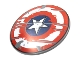 Part No: 75902pb21  Name: Minifigure, Shield Circular Convex Face with Red and White Concentric Rings, Star in Dark Blue Circle, Scratched and Weathered Pattern (Captain America)