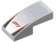 Part No: 11477pb220  Name: Slope, Curved 2 x 1 x 2/3 with Formula 1 Logo Stylized Red 'F1' on Silver Background with Notches, Red Stripes, Black Triangles Pattern