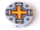 Part No: 14769pb087  Name: Tile, Round 2 x 2 with Bottom Stud Holder with Orange and Yellow Cross Pattern