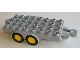 Part No: 18520c01  Name: Duplo Trailer Flatbed 4 x 8 Studs with Hitch Ends, Four Black Wheels and Yellow Hubs