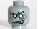 Part No: 3626pb0766  Name: Minifigure, Head Alien Zombie with Black Eyebrows, Left Raised, Yellowish Green Eyes, Dark Bluish Gray Eye Shadow, Cheek Lines, Spots and Drool, Lopsided Open Mouth with Olive Green Teeth Pattern