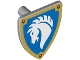 Part No: 3846pb079  Name: Minifigure, Shield Triangular Short with White Horse Head on Blue Background with Gold Border Pattern