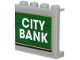 Part No: 60581pb137  Name: Panel 1 x 4 x 3 with Side Supports - Hollow Studs with White 'CITY BANK' on Green Background with Gold Outline Pattern (Sticker) - Set 60245