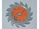 Part No: 61403pb02L  Name: Technic Circular Saw Blade 9 x 9 with Pin Hole and Teeth in Same Direction with Splatter and Scratches on Orange Background Outside Pattern (Sticker) - Sets 8708 / 8963