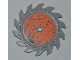 Part No: 61403pb02R  Name: Technic Circular Saw Blade 9 x 9 with Pin Hole and Teeth in Same Direction with Splatter and Scratches on Orange Background Inside Pattern (Sticker) - Sets 8708 / 8963
