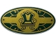 Part No: 92747pb18  Name: Minifigure, Shield Elliptical with Gold and Dark Green Ornate Chair and Scrollwork Pattern