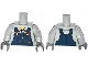 Part No: 973pb1500c01  Name: Torso Shirt with Dark Blue Overalls with Burn Holes and Copper Buckles Pattern / Light Bluish Gray Arms / Dark Bluish Gray Hands
