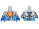 Part No: 973pb2256c02  Name: Torso Nexo Knights Armor with Orange Emblem with Yellow Crowned Lion, Dark Azure Panels Pattern / Flat Silver Arms / Blue Hands