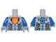 Part No: 973pb2364c01  Name: Torso Nexo Knights Armor with Orange Emblem with Yellow Crowned Lion, Silver Panels, Dark Azure Hexagon Pattern / Blue Arms / Light Bluish Gray Hands
